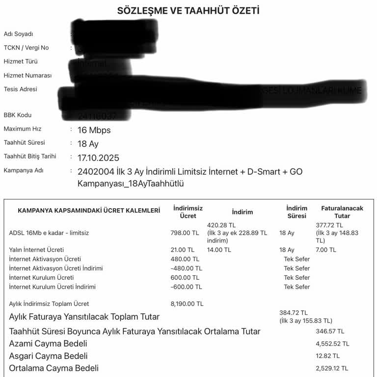 D-Smart Net İnternet Sözleşmeden Yüksek Fatura Ve Hız Problemi