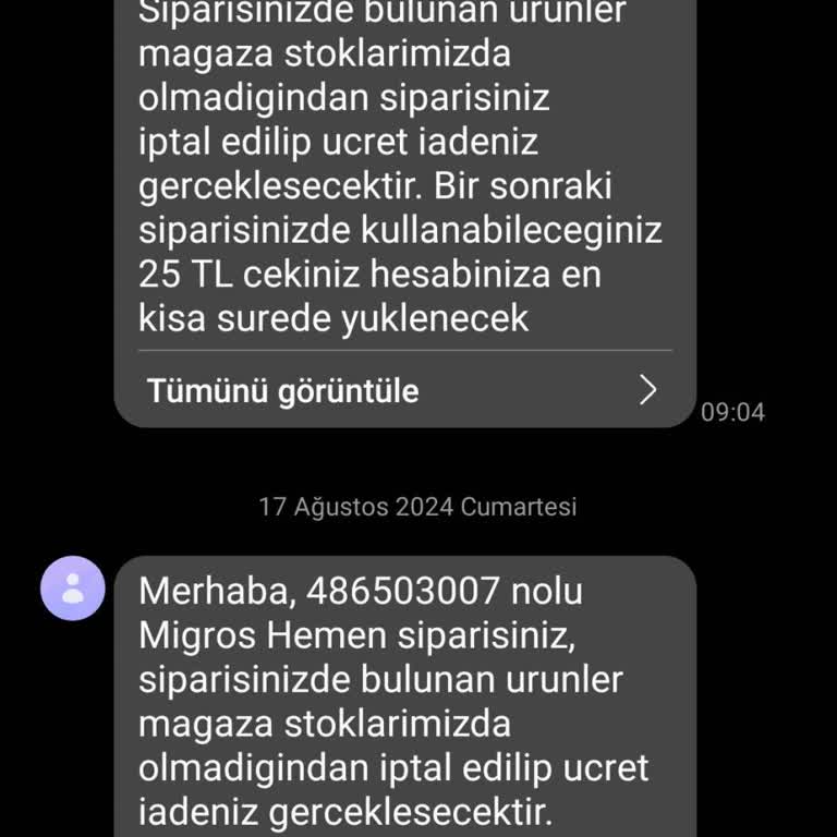 Migros Hemen Sipariş İptali