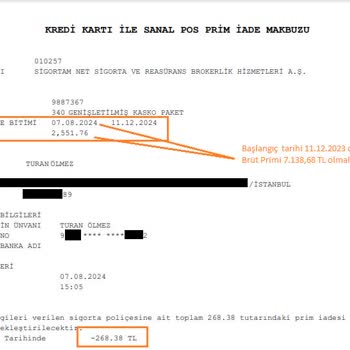 Sigortam.net Eksik Kasko Poliçesi İade Tutarı