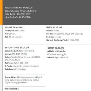 Arçelik Klima Sorunu ve Yetersiz Servis Hizmeti