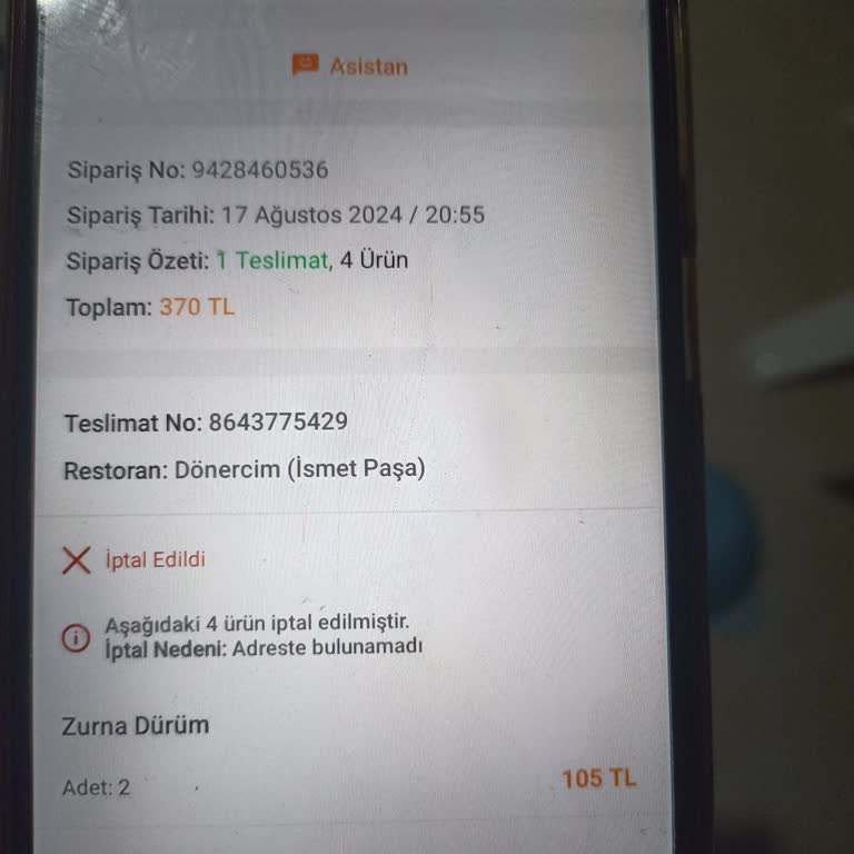 Trendyol Yemek My Dönercim Sipariş İptali