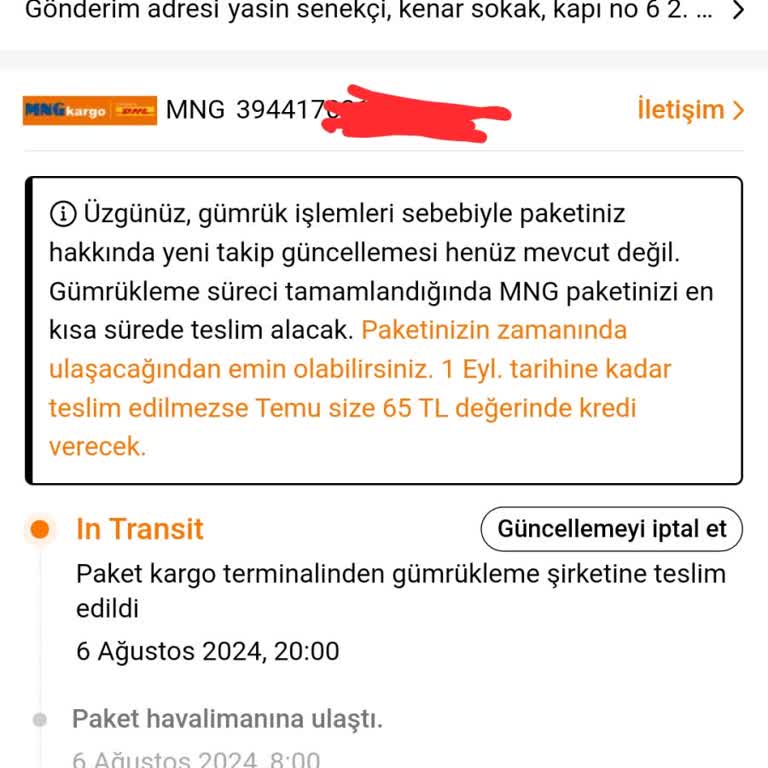 Temu MNG Kargo Gümrükte Siparişi Bekletmesi
