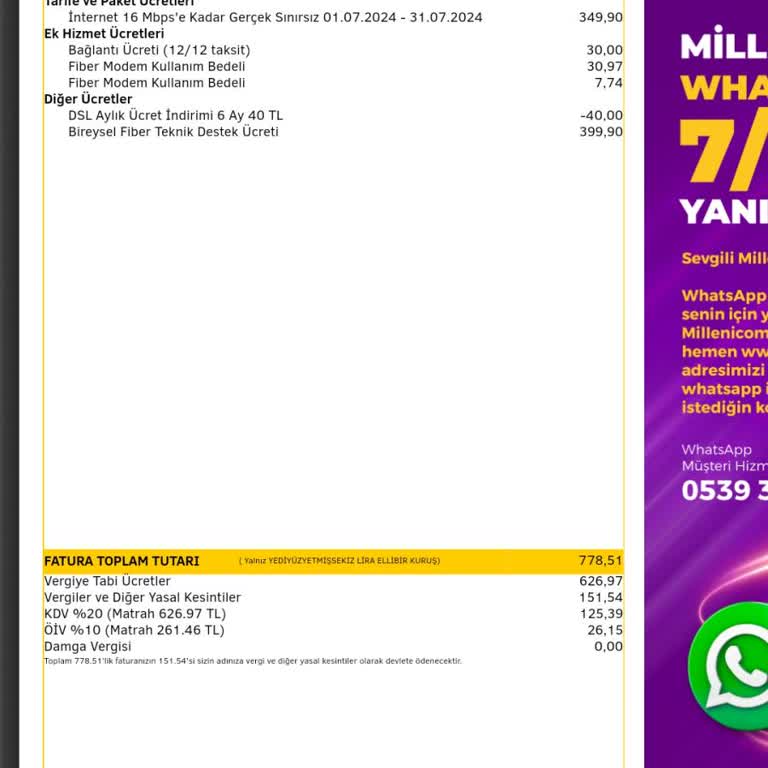 Millenicom Bina Kaynaklı Arıza İçin Faturaya 399 TL Hizmet Bedeli