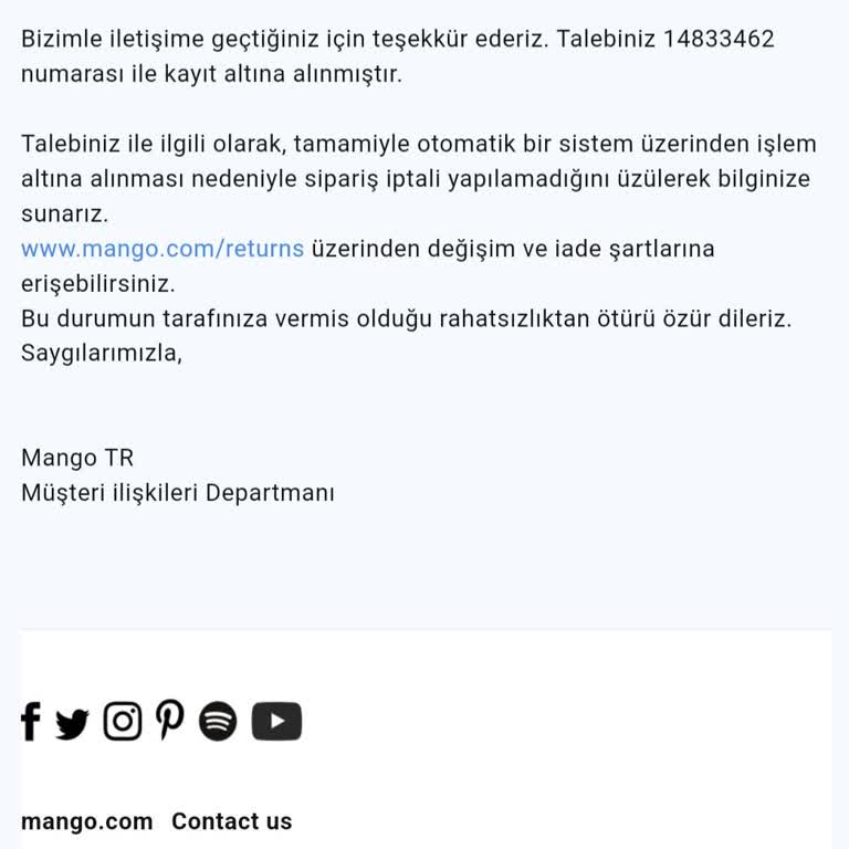 Mango Aldığım Urunu İptal Etmiyor