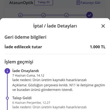 N11 Atasun Optik Garantili Ürüne Sahip Çıkmıyor