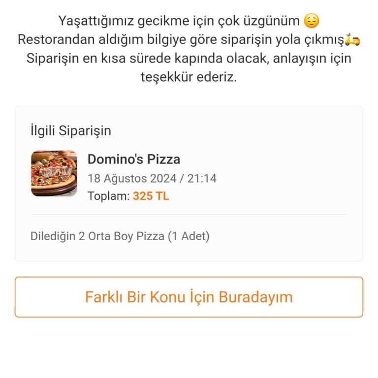 Domino's Pizza Geç Gelen Sipariş Ve İade Sorunu