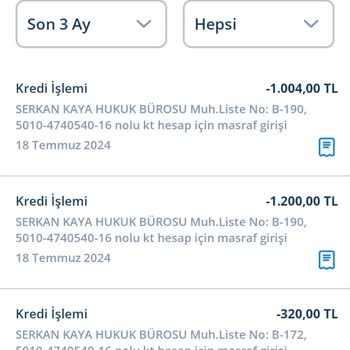 Denizbank Kanuni Takip Ve Serkan Kaya Hukuk Bürosu Masraf Girişi