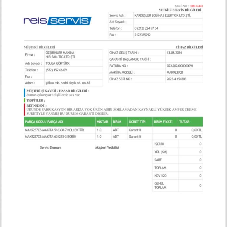 Makita Garanti Arıza Kabul Etmiyor.