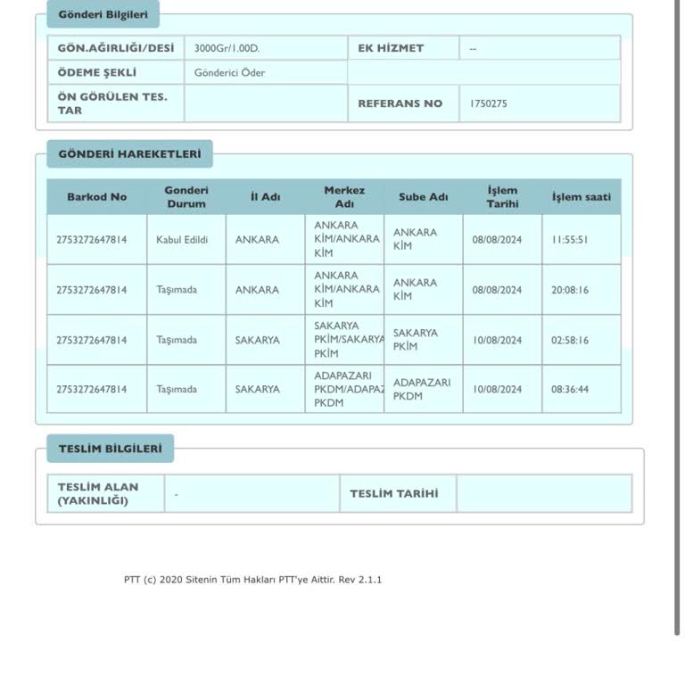 PTT Kargom 9 Gündür Şubede