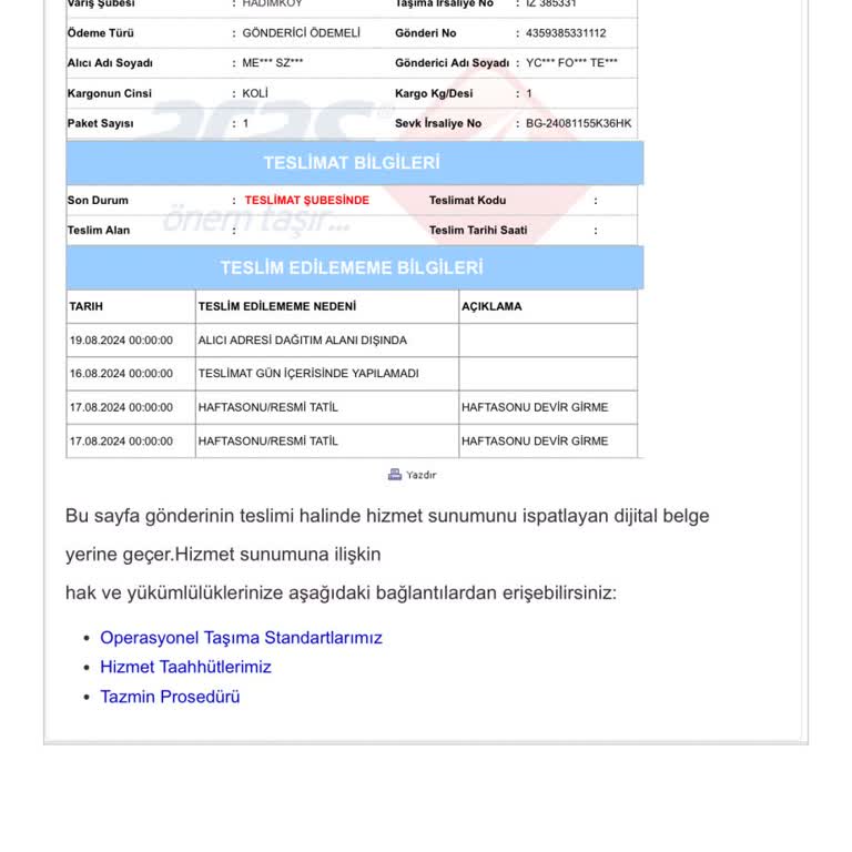Aras Kargo Hadımköy Şubesi Adresimin Dağıtım Alanı Dışında Olduğu