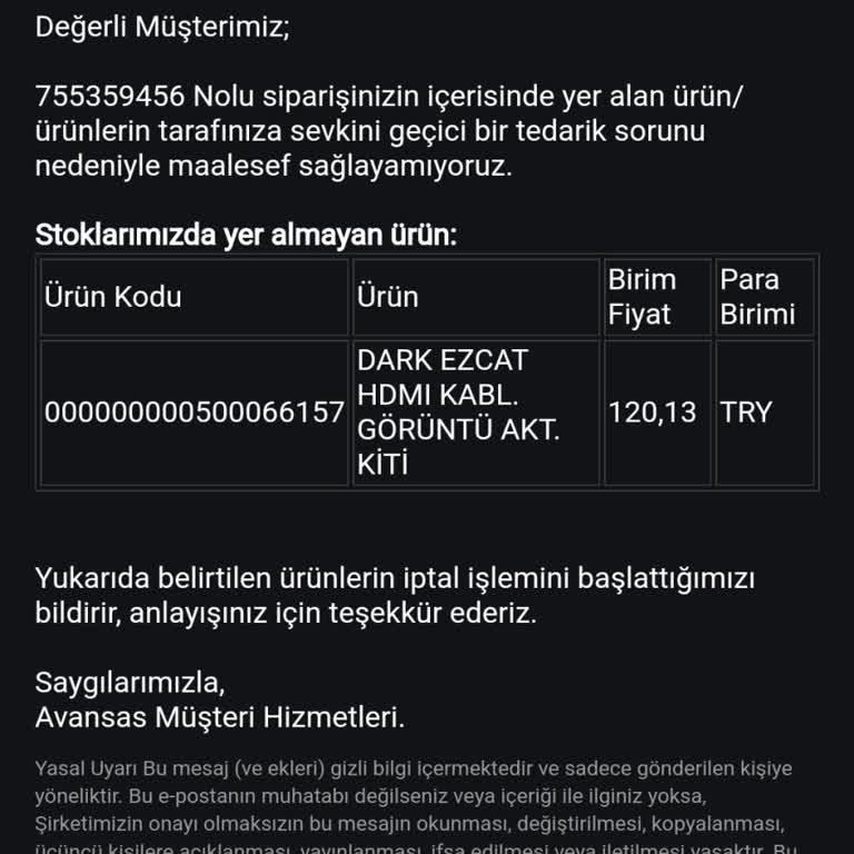 Avansas İptal Edilen Siparişin Ücret İadesi