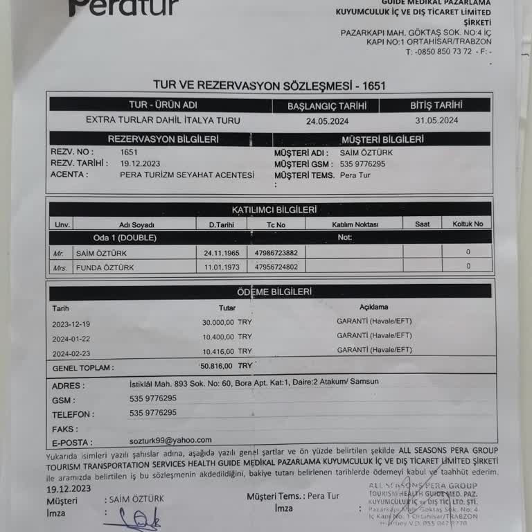 Pera Tur'un 24-31 Mayıs 2024 Tarihli İptal Edilen İtalya Turu Hakkında
