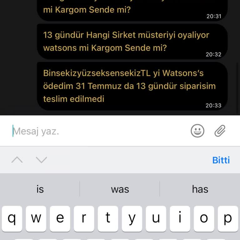Watsons 31.07.2024 // 0159612650 Numaralı Online Siparişim Teslim Edilmedi,