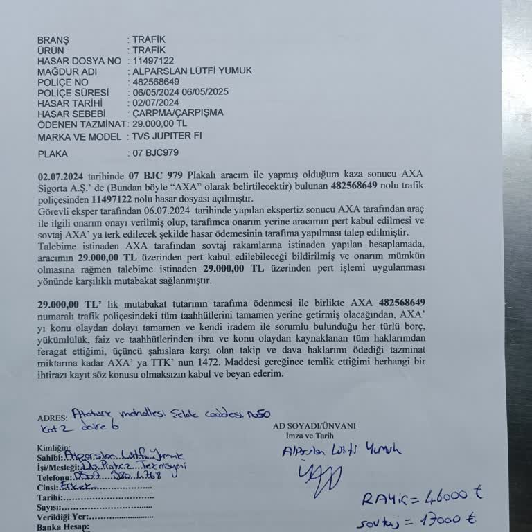 Axa Sigorta Tazminat Eksik Ödeme