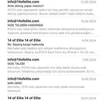 14 Of Elite İade Maillerine Dönmüyor