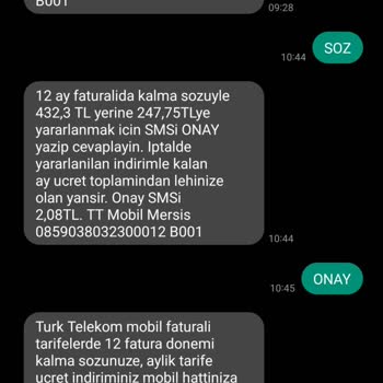 Türk Telekom Söz, ONAY Mesaj Cevap Vermedi