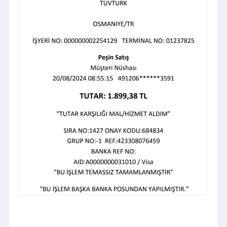 Tüvtürk Kartla Ödeme Komisyonu Ücreti