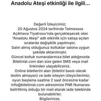 Biletinial.com Ve Anadolu Ateşi Son Gün Vıp Bilet İptali