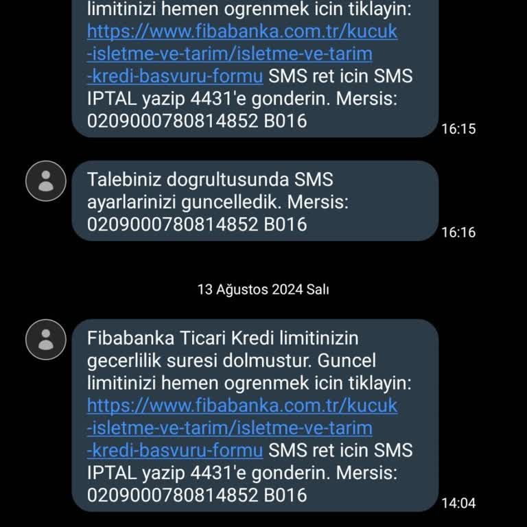Fibabanka'dan SMS Almak İstemiyorum