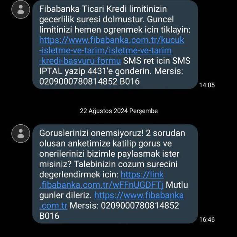 Fibabanka'dan SMS Almak İstemiyorum