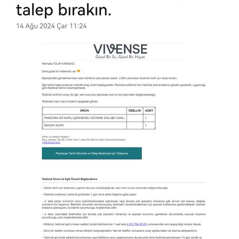 Vivens Dolap Göndermiyorlar