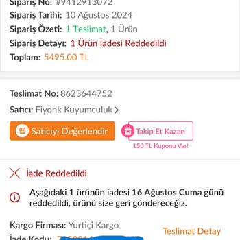 Fiyonk Kuyumculuk Trendyol Tarafından İade Hakkımın Elimden Alınması