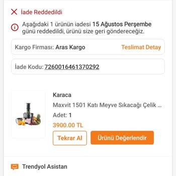 Trendyol'da Satın Alınan Ürünle İlgili İade Sorunu