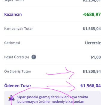 Getirden Sipariş İademde Eksik Para Geri Gönderdi
