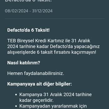 TEB DeFacto Bonus Kredi Kartına 6Taksit Kampanyası