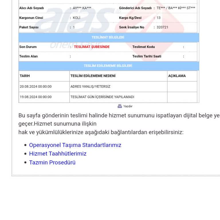 Döşemealtı Aras Kargo Kargo Getirmiyor Adrese