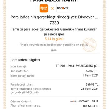 Temu Para İadesini Yapmıyor