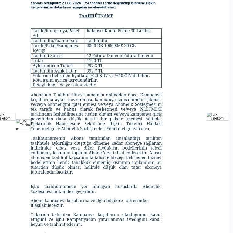 Türk Telekom Hat Sahibi Bilgisi Dışında Tarife Değiştirilmiştir.