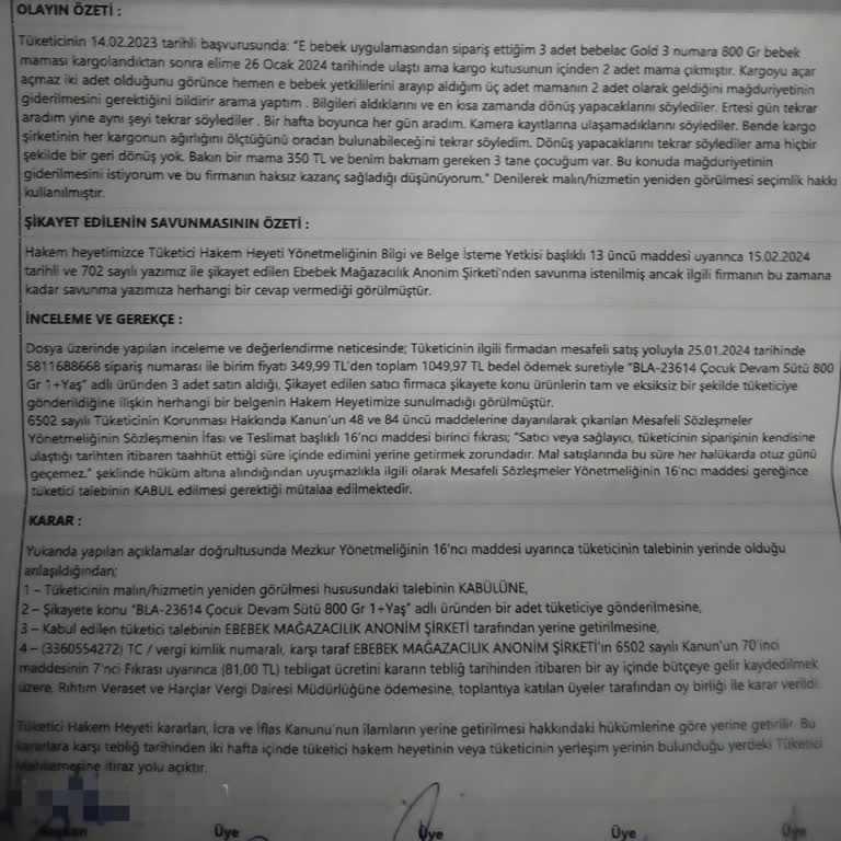 ebebek Eksik Mama Gönderilmesi