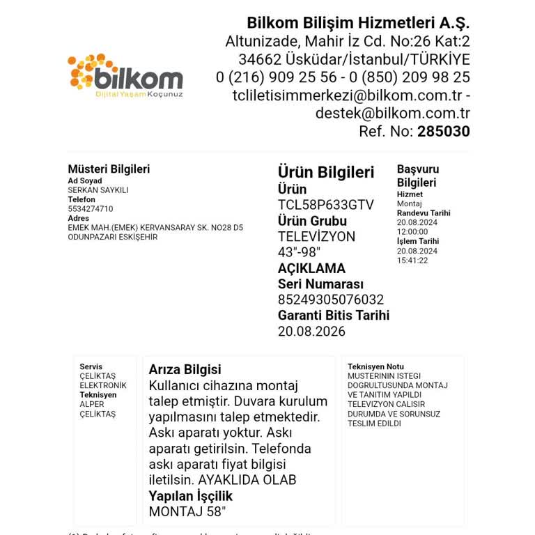 TCL Televizyon Kurulum Ücreti Alınması