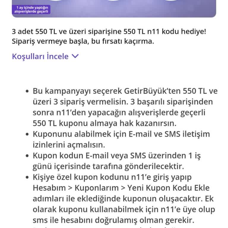 Getir Büyük N11 İndirim Kupon Kodumu İletmedi