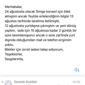 Bubilet Ankara Konser İadesi İçin Kısa Süre