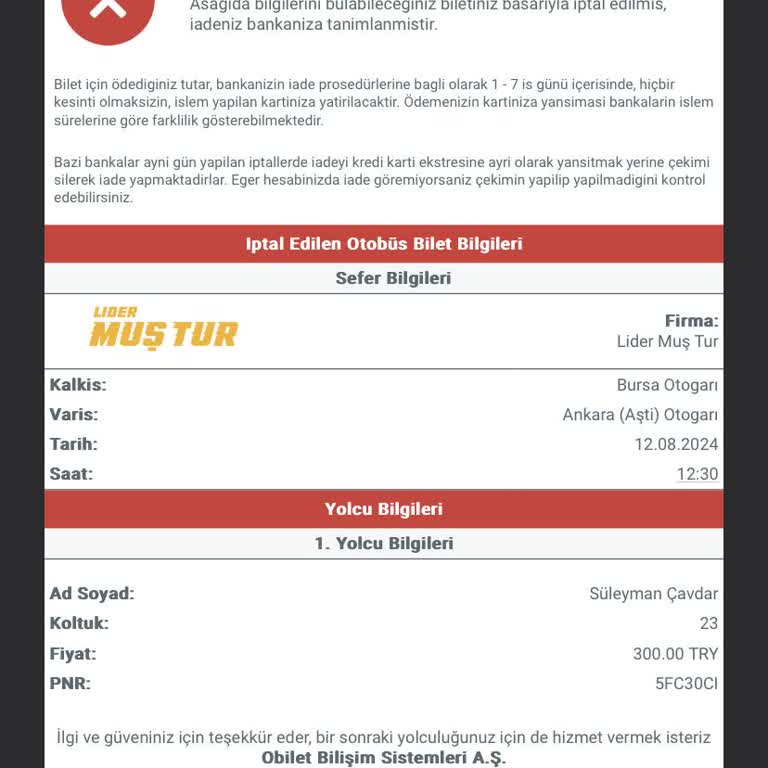Obilet Paramı İade Etmedi