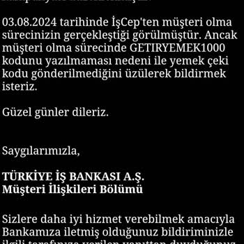 İş Bankasının Getir İçin 1000 TL Lik İndirim Kodumu Göndermiyor