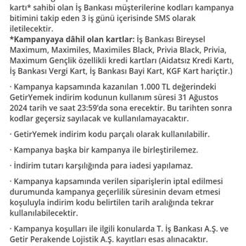 İş Bankasının Getir İçin 1000 TL Lik İndirim Kodumu Göndermiyor