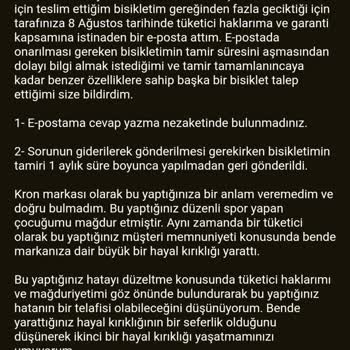 Kron Bisiklet Kron 1 Ay Serviste Kalan Bisikletimi Tamir Etmeden Geri Gönderdi.