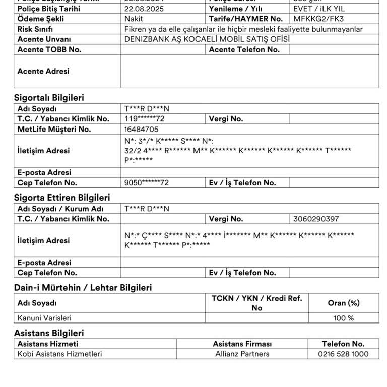 Denizbank Metlife Sigorta Bilgim Dışında Sigorta