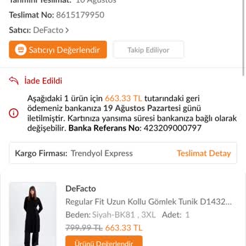 DeFacto Yanlış İade Edilen Ürünü Geri Yollamıyor