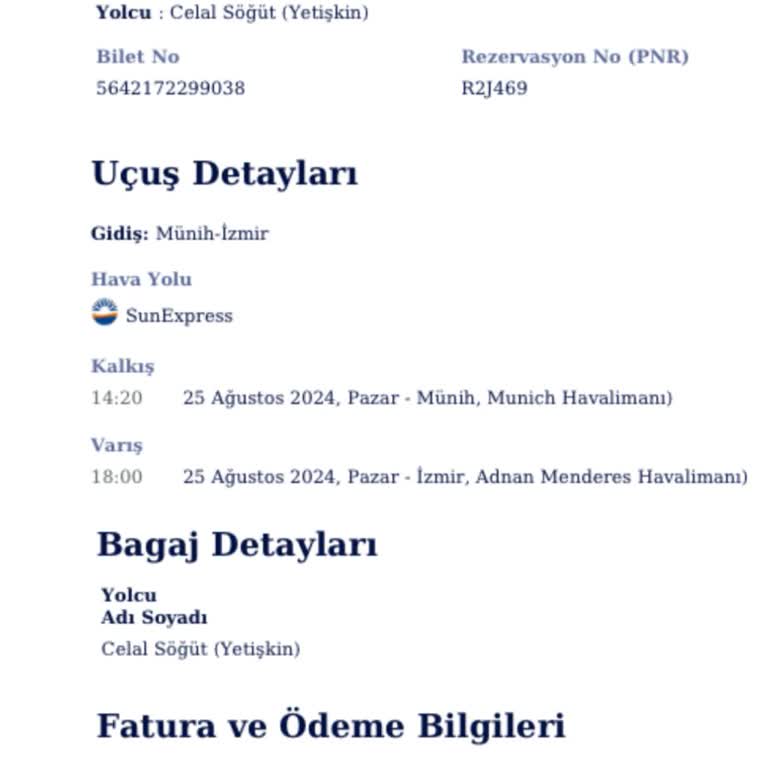 Sunexpress Check-in Sorumsuzluğu Münih İzmir 25.08.2024 14:20 Uçuşu
