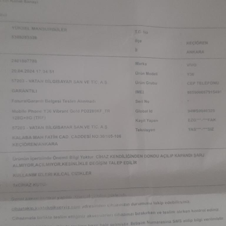 Vatan Bilgisayar Vivo Y36 8/128 GB Akıllı Telefon Şikayeti