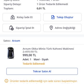 Pazarama Arzum Marka Okka Türk Kahvesi Makinesi Siparişimi İptal Etti