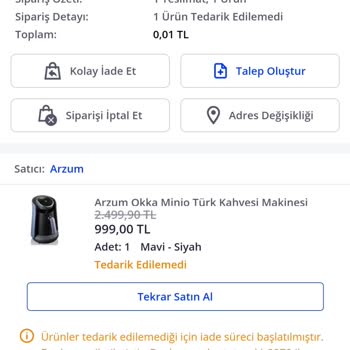 Pazarama Arzum Marka Okka Türk Kahvesi Makinesi Siparişimi İptal Etti