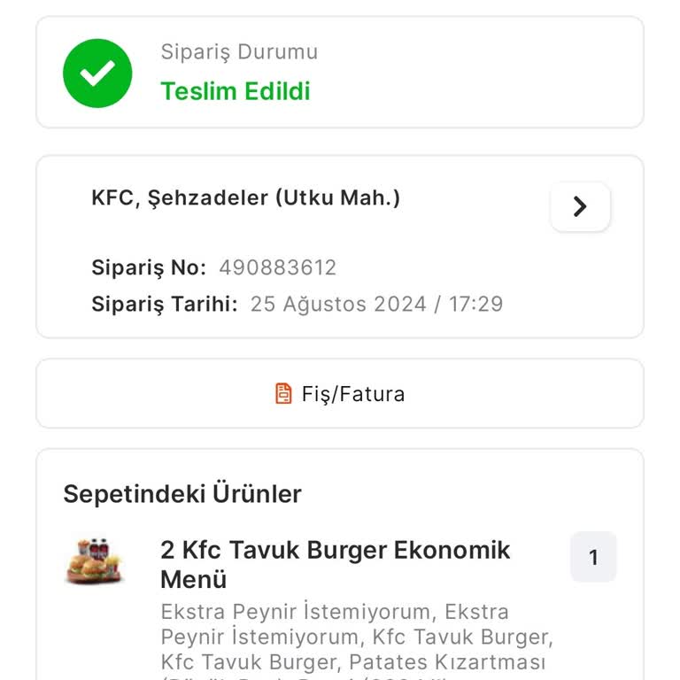 KFC Teslim Edilmeyen Ancak Edildi Görünen Sipariş