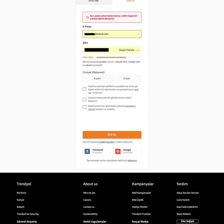 Trendyol İcloud Mail Adreslerini Kabul Etmiyor.