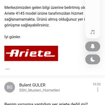 Ariete Buharlı Makine Parça Sorunu Ve Yetersiz Hizmet