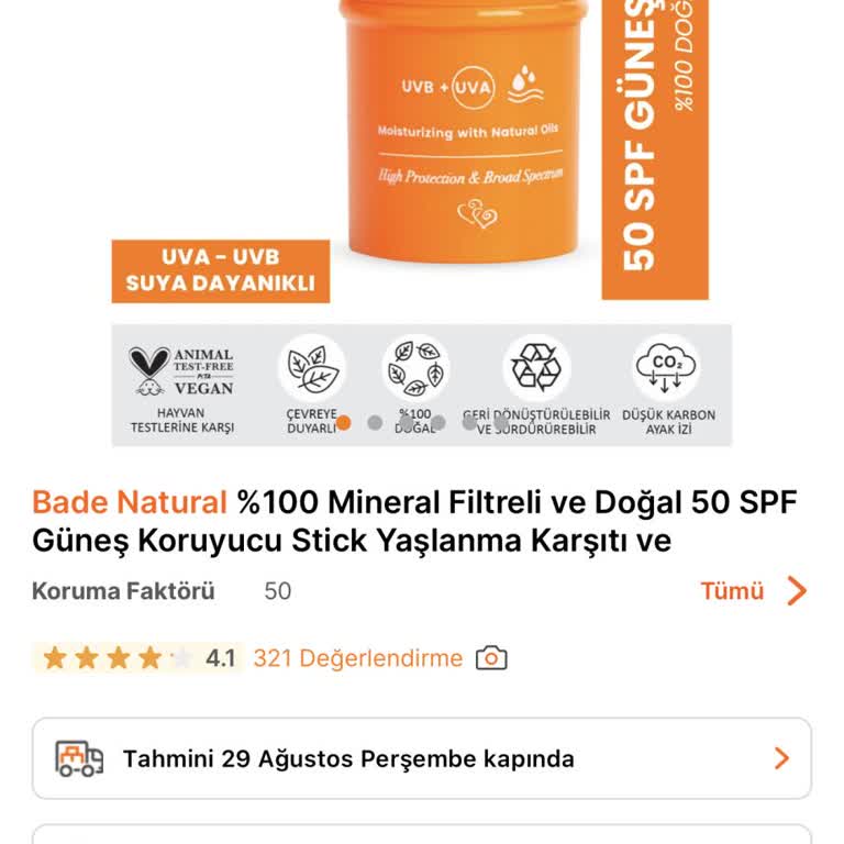 Bade Natural Açılmadan Kuruyan Güneş Kremi